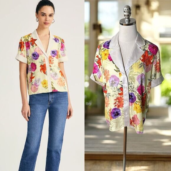 DEREK LAM 10 CROSBY $395 AMINA SHORT SLEEVE BUTTON FRONT SHIRT Womens Top Size M - Picture 1 of 16